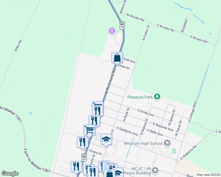 map of restaurants, bars, coffee shops, grocery stores, and more near 205 Columbus Drive in Wharton