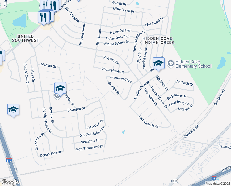 map of restaurants, bars, coffee shops, grocery stores, and more near 8955 Seacliff Street in San Antonio