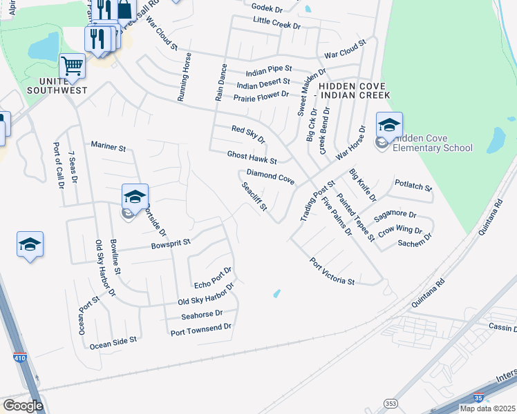 map of restaurants, bars, coffee shops, grocery stores, and more near 8955 Seacliff Street in San Antonio
