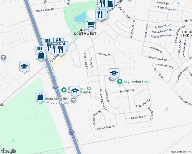 map of restaurants, bars, coffee shops, grocery stores, and more near 6006 Fishers Bend Street in San Antonio
