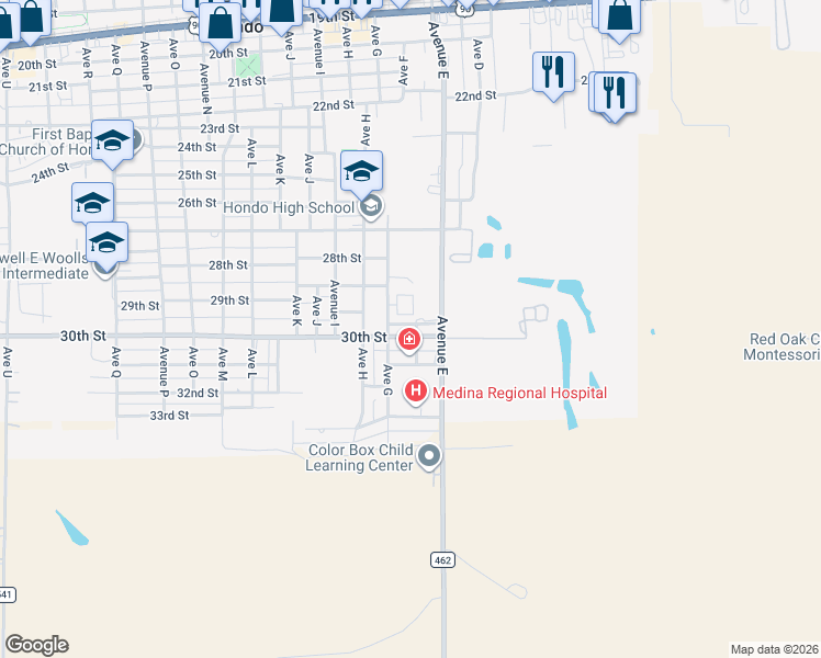 map of restaurants, bars, coffee shops, grocery stores, and more near 604 30th Street in Hondo