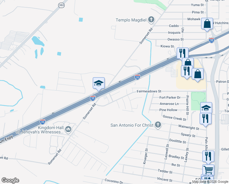 map of restaurants, bars, coffee shops, grocery stores, and more near 3515 Palm Leaf Street in San Antonio