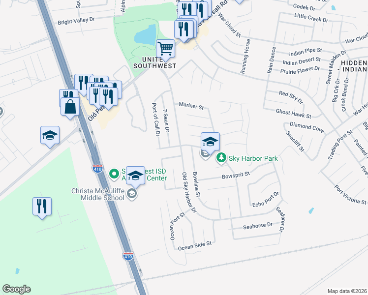 map of restaurants, bars, coffee shops, grocery stores, and more near 6006 Fishers Bend Street in San Antonio