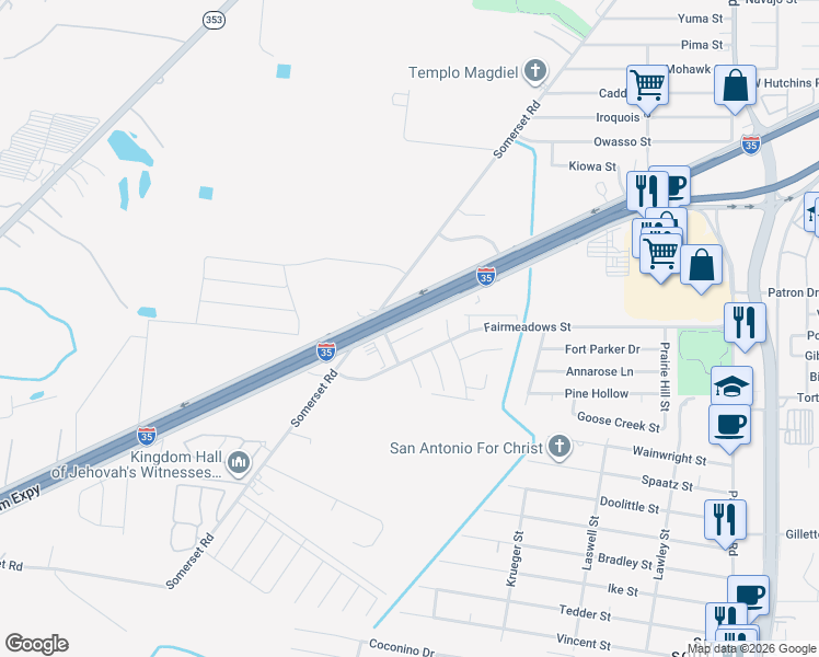 map of restaurants, bars, coffee shops, grocery stores, and more near 3515 Palm Leaf Street in San Antonio