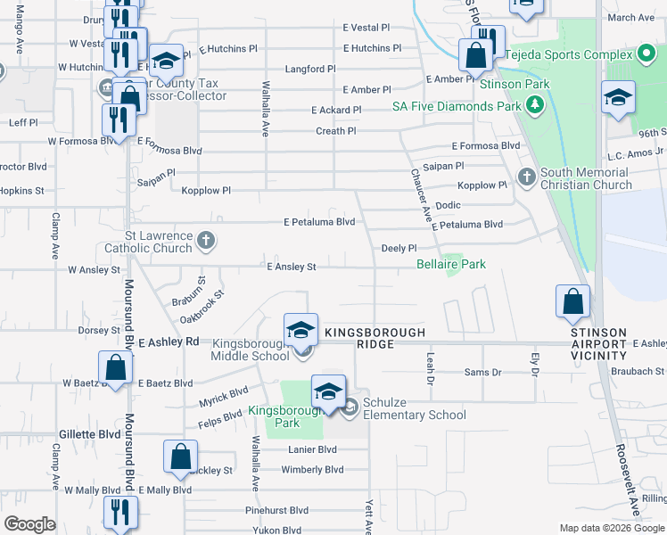 map of restaurants, bars, coffee shops, grocery stores, and more near 502 East Ansley Street in San Antonio
