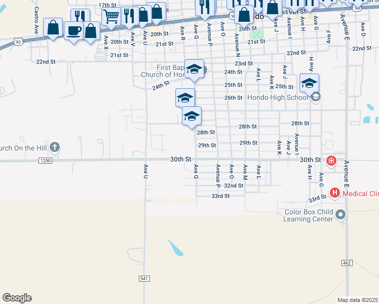 map of restaurants, bars, coffee shops, grocery stores, and more near 2910 Avenue Q in Hondo
