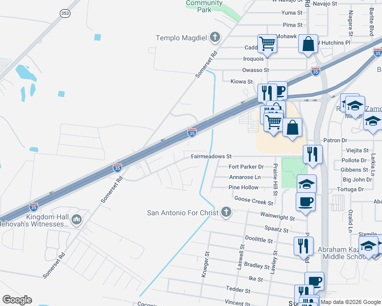 map of restaurants, bars, coffee shops, grocery stores, and more near 3322 Fairmeadows Street in San Antonio