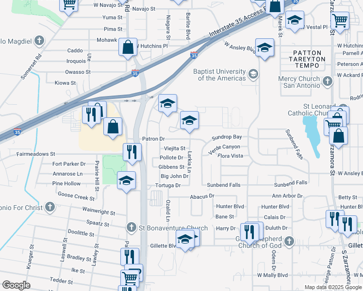 map of restaurants, bars, coffee shops, grocery stores, and more near 2503 Patron Drive in San Antonio