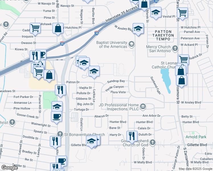 map of restaurants, bars, coffee shops, grocery stores, and more near 2411 Patron Drive in San Antonio