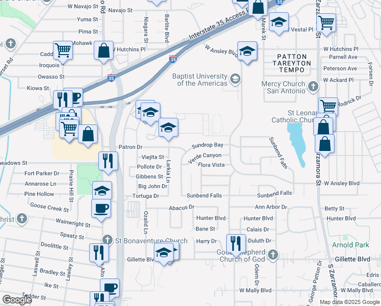 map of restaurants, bars, coffee shops, grocery stores, and more near 2411 Patron Drive in San Antonio