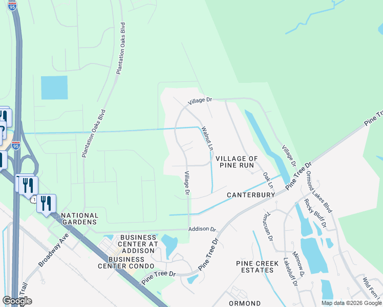 map of restaurants, bars, coffee shops, grocery stores, and more near 18 Village Drive in Ormond Beach