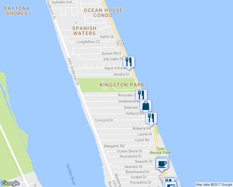 map of restaurants, bars, coffee shops, grocery stores, and more near 25 Rivocean Drive in Ormond Beach
