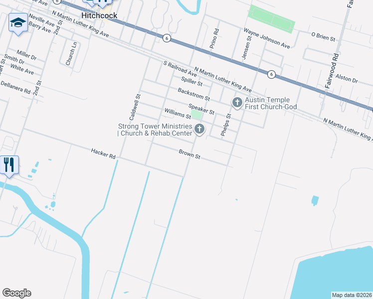 map of restaurants, bars, coffee shops, grocery stores, and more near 7018 Brown St in Hitchcock