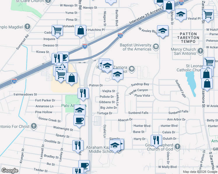 map of restaurants, bars, coffee shops, grocery stores, and more near 2611 Patron Drive in San Antonio