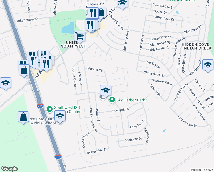map of restaurants, bars, coffee shops, grocery stores, and more near 5902 Wheelhouse Street in San Antonio