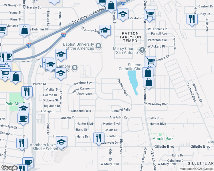 map of restaurants, bars, coffee shops, grocery stores, and more near 1935 Sundrop Bay in San Antonio