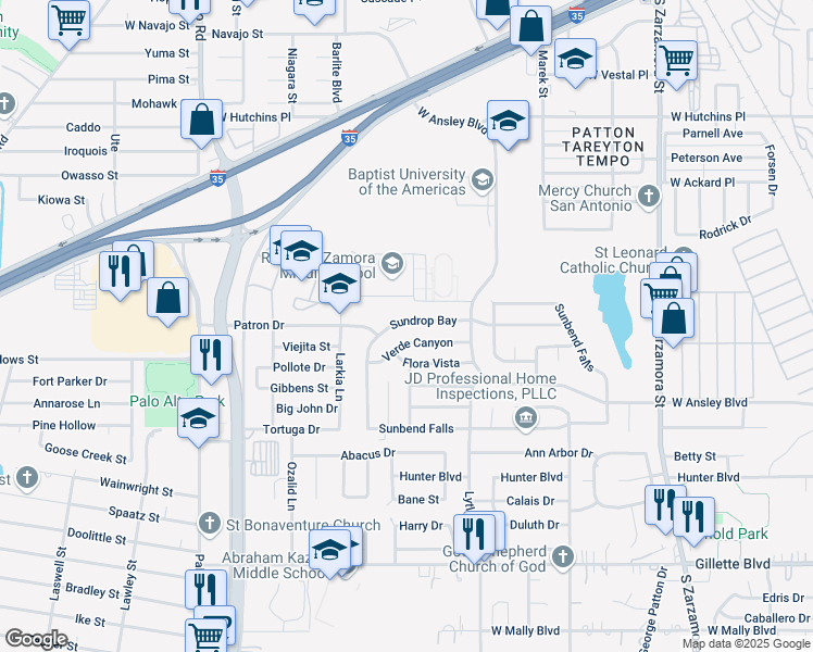 map of restaurants, bars, coffee shops, grocery stores, and more near 2222 Sundrop Bay in San Antonio