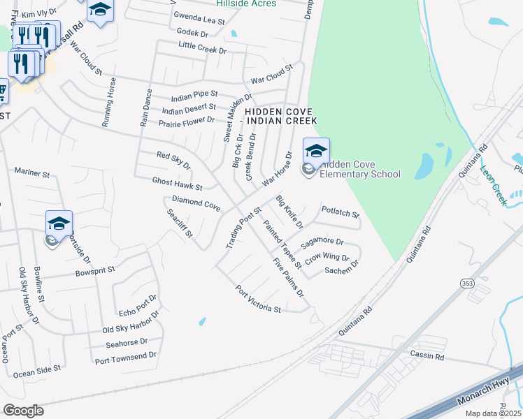 map of restaurants, bars, coffee shops, grocery stores, and more near 5235 Trading Post Street in San Antonio