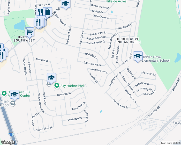 map of restaurants, bars, coffee shops, grocery stores, and more near 8914 Seacliff Street in San Antonio