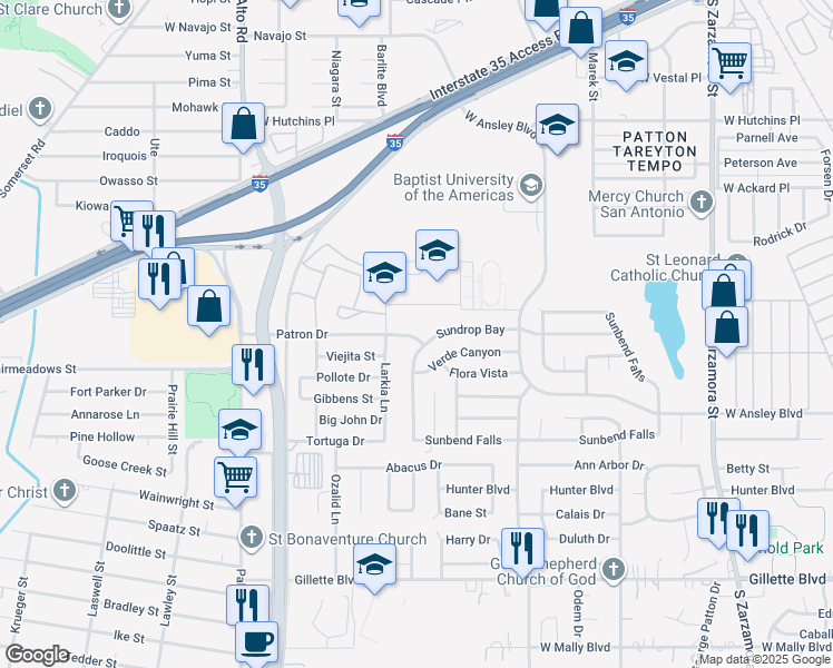 map of restaurants, bars, coffee shops, grocery stores, and more near 2411 Patron Street in San Antonio