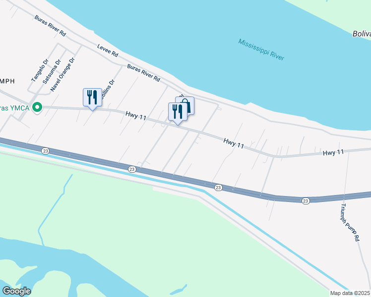 map of restaurants, bars, coffee shops, grocery stores, and more near 189 Bouzon Lane in Buras