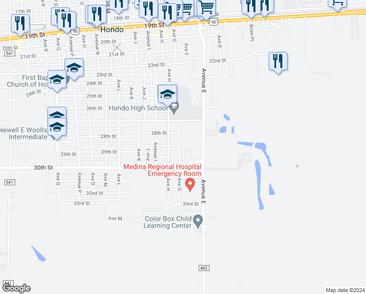map of restaurants, bars, coffee shops, grocery stores, and more near 2811 Avenue G in Hondo
