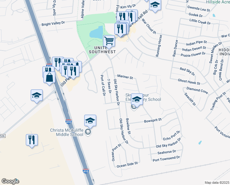 map of restaurants, bars, coffee shops, grocery stores, and more near 8847 Old Sky Harbor Drive in San Antonio