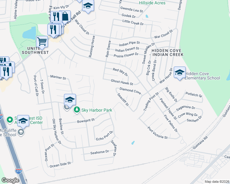 map of restaurants, bars, coffee shops, grocery stores, and more near 8905 Seacliff Street in San Antonio