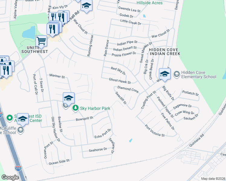 map of restaurants, bars, coffee shops, grocery stores, and more near 8905 Seacliff Street in San Antonio