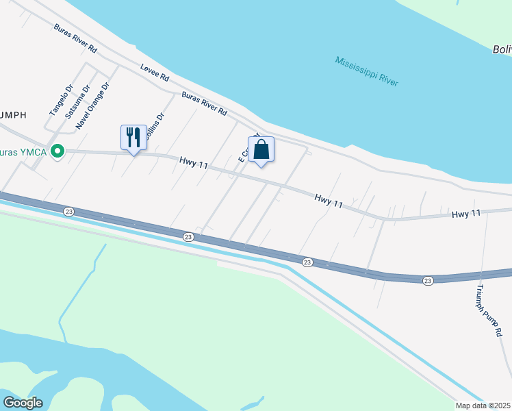 map of restaurants, bars, coffee shops, grocery stores, and more near 189 Bouzon Lane in Buras