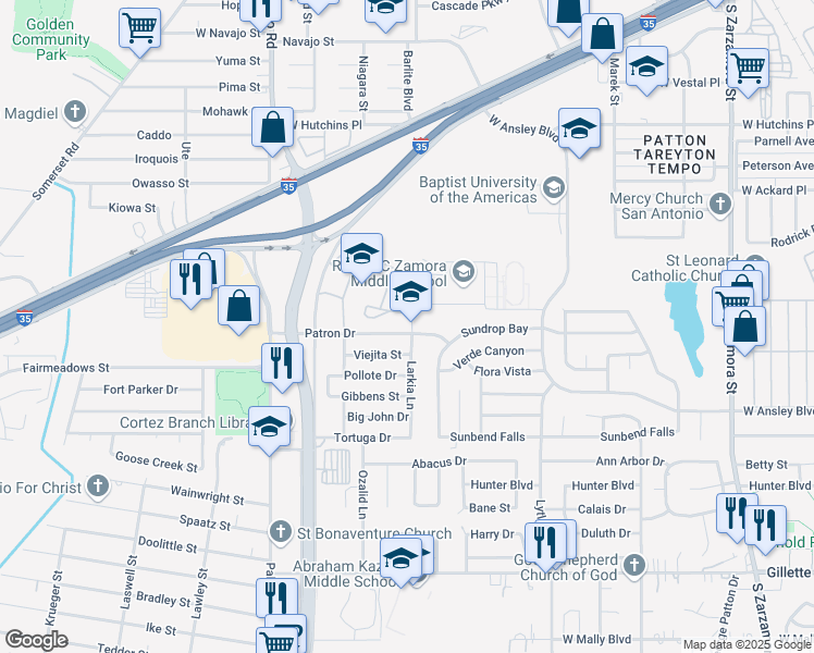 map of restaurants, bars, coffee shops, grocery stores, and more near 2503 Patron Drive in San Antonio