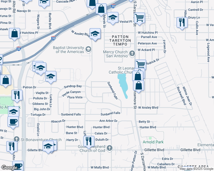 map of restaurants, bars, coffee shops, grocery stores, and more near 1903 Sundrop Bay in San Antonio
