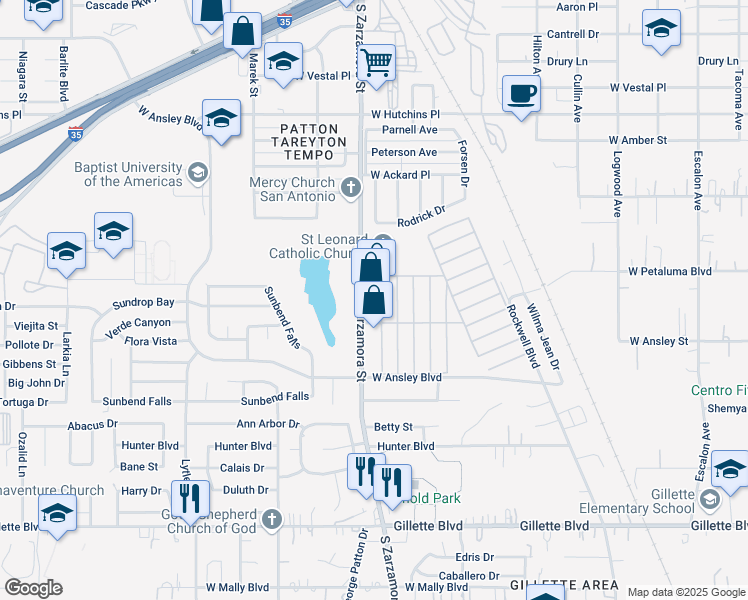map of restaurants, bars, coffee shops, grocery stores, and more near 8610 South Zarzamora Street in San Antonio