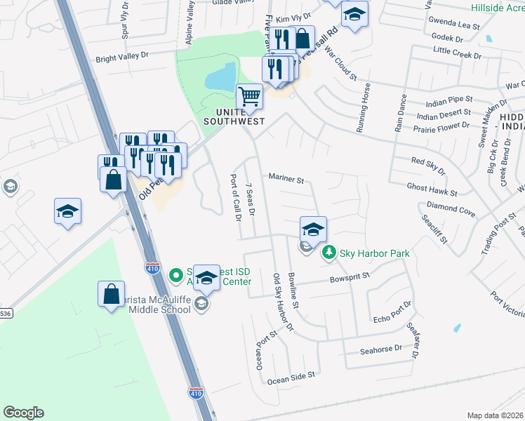map of restaurants, bars, coffee shops, grocery stores, and more near 8847 Old Sky Harbor Drive in San Antonio