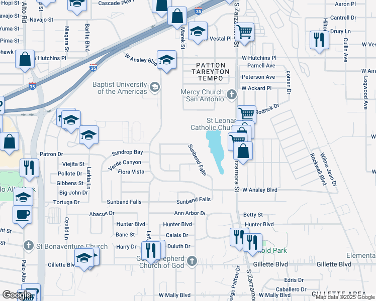 map of restaurants, bars, coffee shops, grocery stores, and more near 1903 Sundrop Bay in San Antonio