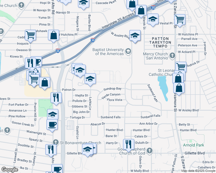 map of restaurants, bars, coffee shops, grocery stores, and more near 2222 Sundrop Bay in San Antonio