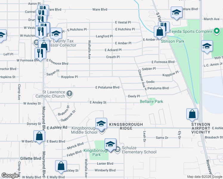 map of restaurants, bars, coffee shops, grocery stores, and more near 362 East Petaluma Boulevard in San Antonio