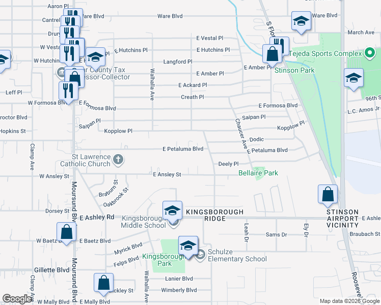 map of restaurants, bars, coffee shops, grocery stores, and more near 362 East Petaluma Boulevard in San Antonio