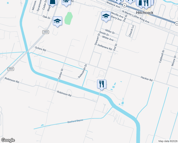 map of restaurants, bars, coffee shops, grocery stores, and more near 8130 Meadowbrook Drive in Hitchcock
