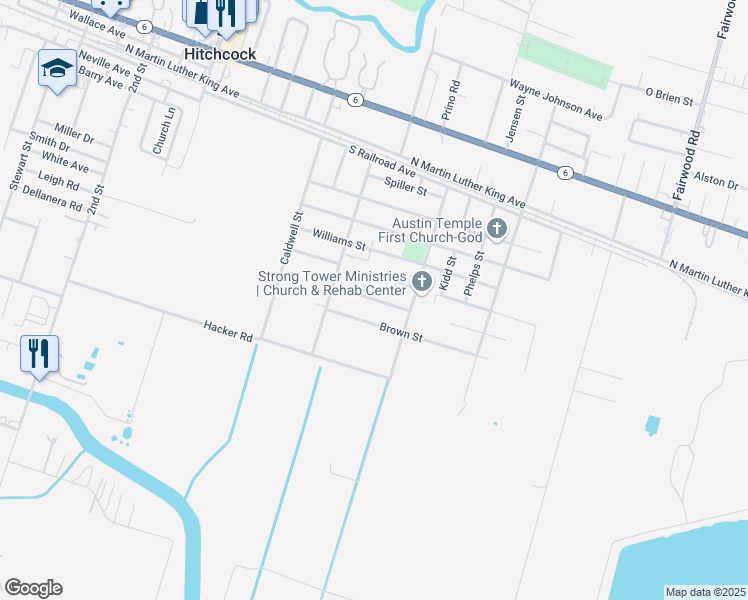 map of restaurants, bars, coffee shops, grocery stores, and more near 6620 Lewis Road in Hitchcock