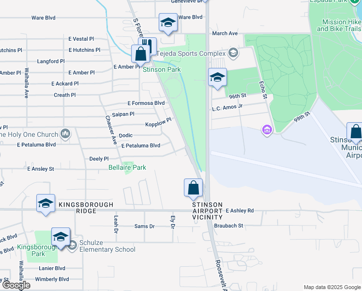 map of restaurants, bars, coffee shops, grocery stores, and more near 950 Deely Place in San Antonio