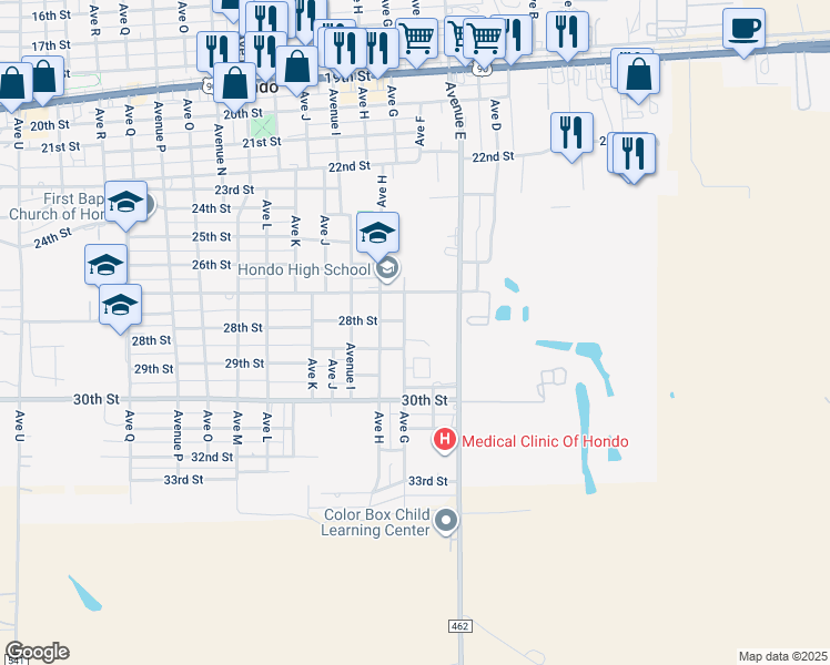 map of restaurants, bars, coffee shops, grocery stores, and more near 2811 Avenue G in Hondo
