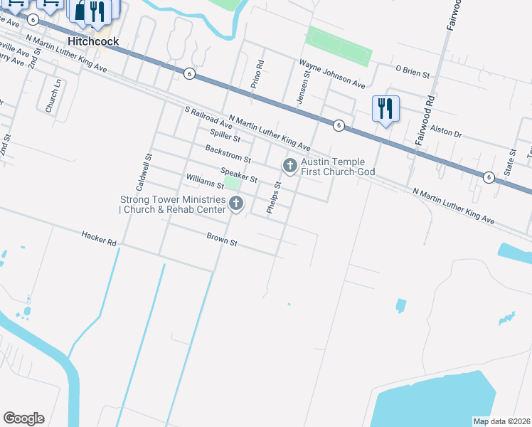 map of restaurants, bars, coffee shops, grocery stores, and more near 7303 Phelps Street in Hitchcock