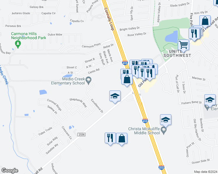 map of restaurants, bars, coffee shops, grocery stores, and more near 601 Cento Road in San Antonio
