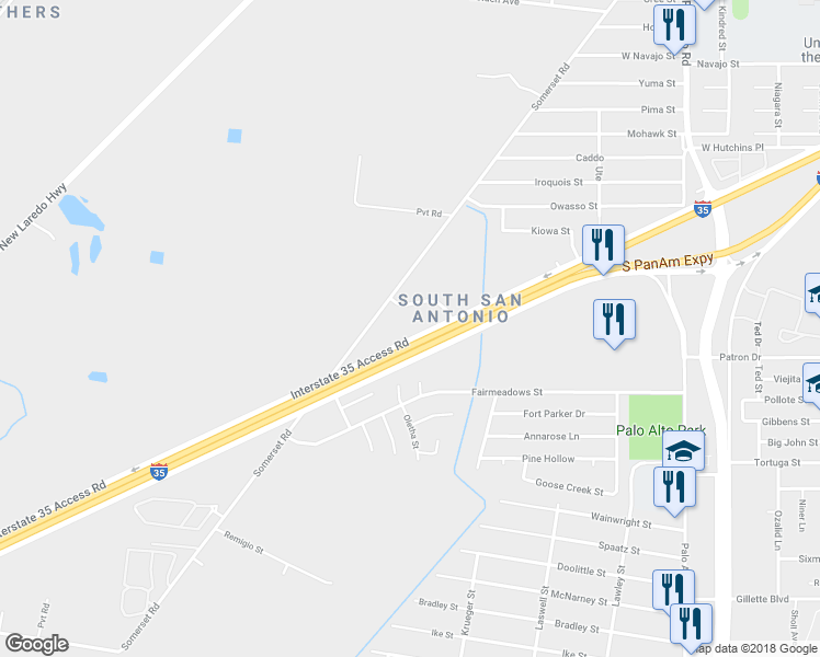 map of restaurants, bars, coffee shops, grocery stores, and more near Ih 35 South in San Antonio