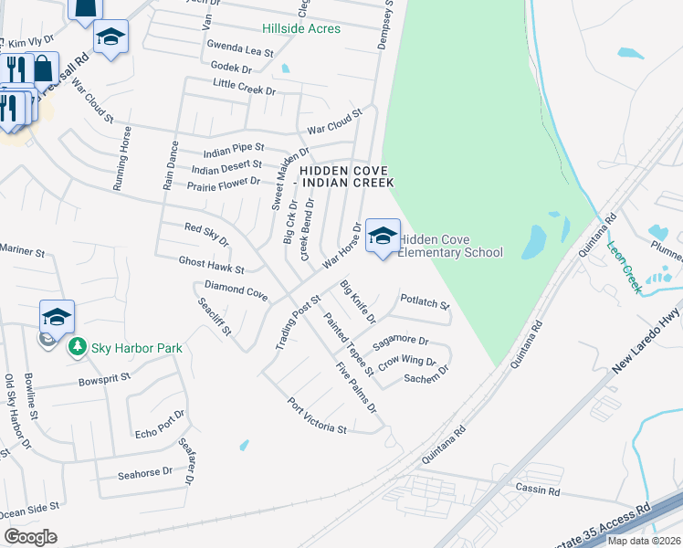 map of restaurants, bars, coffee shops, grocery stores, and more near 5114 War Horse Drive in San Antonio