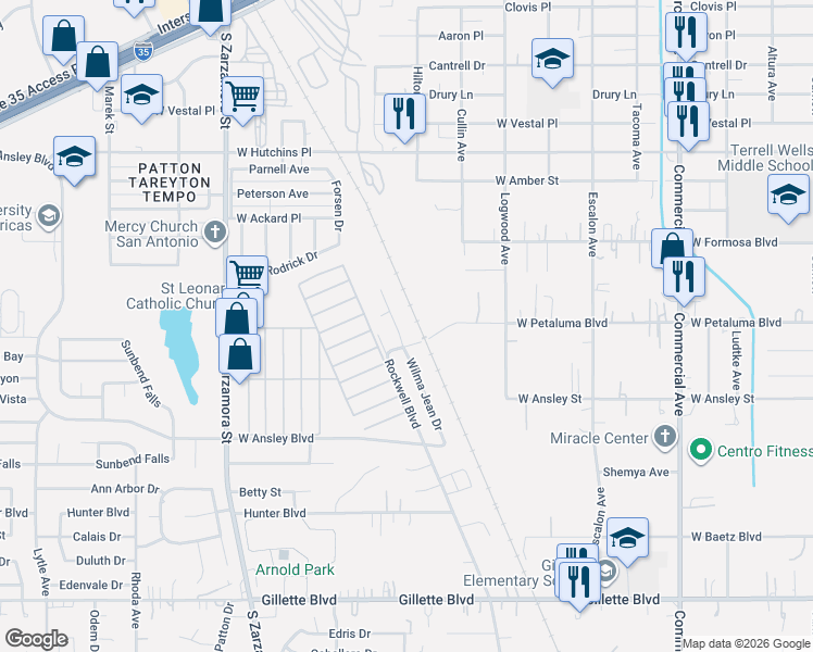 map of restaurants, bars, coffee shops, grocery stores, and more near 8514 Wilma Jean Drive in San Antonio