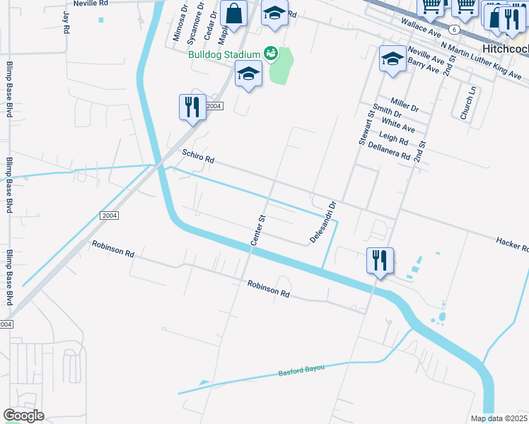 map of restaurants, bars, coffee shops, grocery stores, and more near 7606 Center Street in Hitchcock