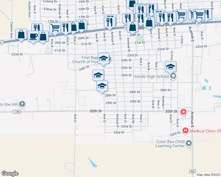 map of restaurants, bars, coffee shops, grocery stores, and more near 1602 27th Street South in Hondo