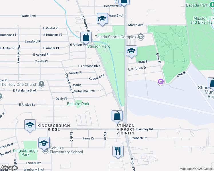 map of restaurants, bars, coffee shops, grocery stores, and more near 8507 South Flores Street in San Antonio